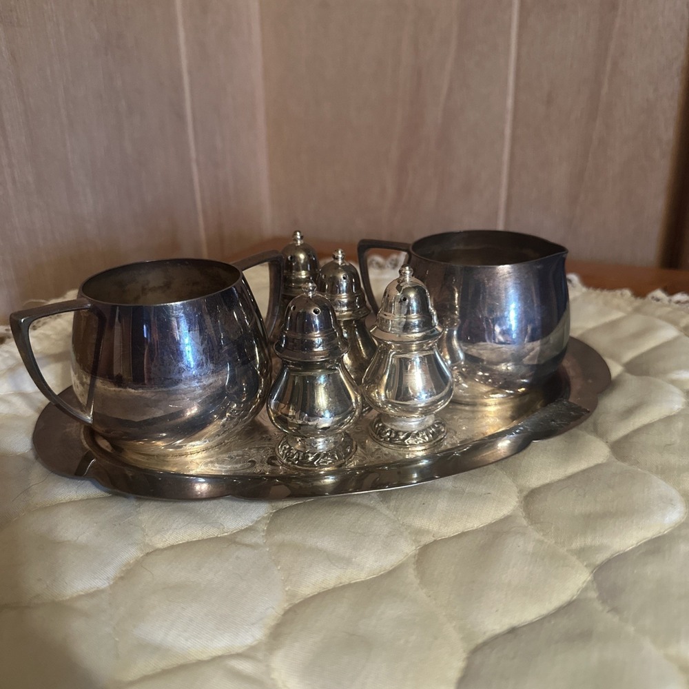 Oneida Silver Plated Shakers, Wallace Tray, Empire Crafts Cream & Sugar